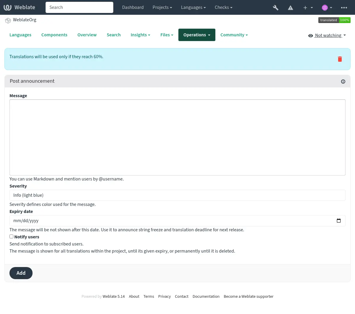 Das Bild zeigt eine Mitteilung, die lautet: „Übersetzungen werden nur verwendet, wenn sie 60 % erreichen“ oberhalb der Übersichtsseite.
