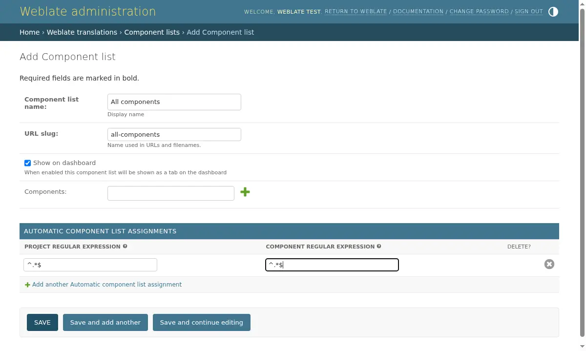 Image showing the Weblate administration panel with the above configuration filled in.