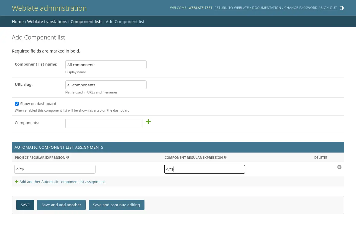 Imagen que muestra el panel de administración de Weblate con la configuración anterior rellenada.