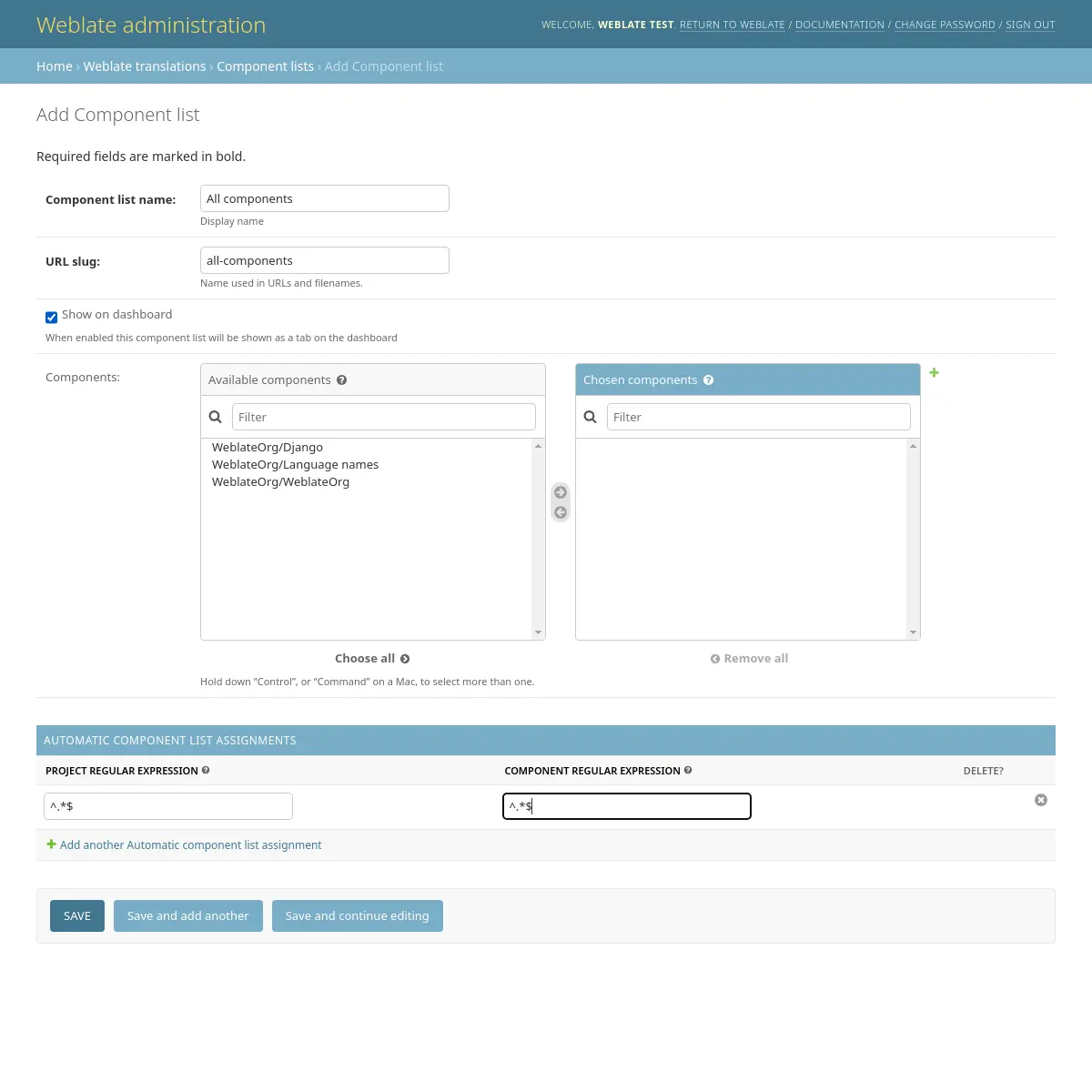 Imagen que muestra el panel de administración de Weblate con la configuración anterior rellenada.
