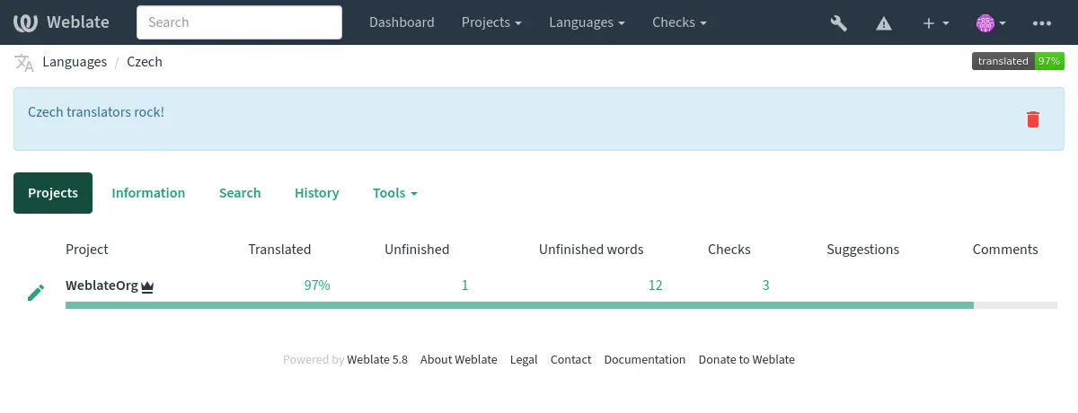 Imagen que muestra un anuncio que dice: "¡Los traductores checos rockean!" encima de la descripción general del idioma checo.