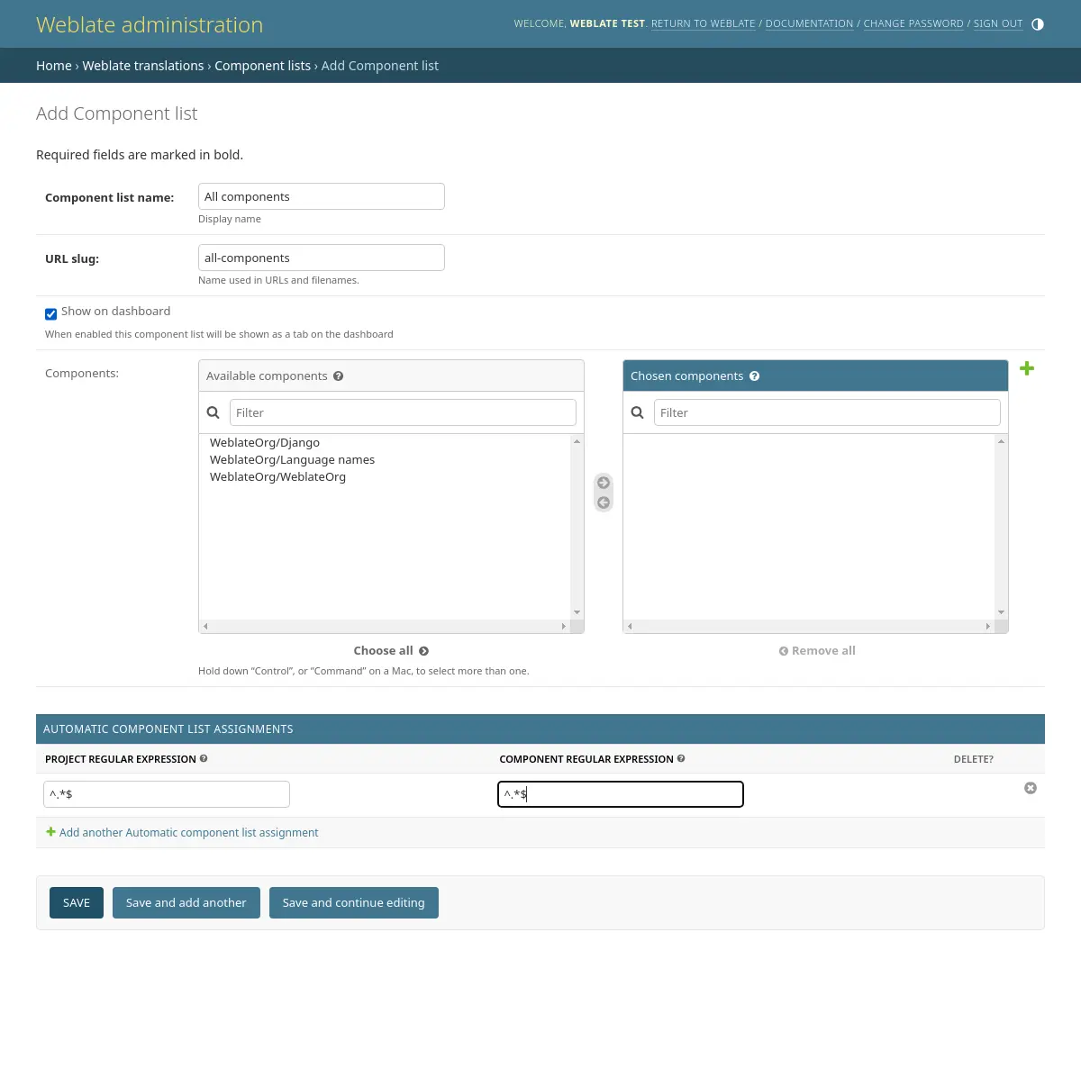 Image montrant le panneau d'administration de Weblate avec la configuration ci-dessus remplie.