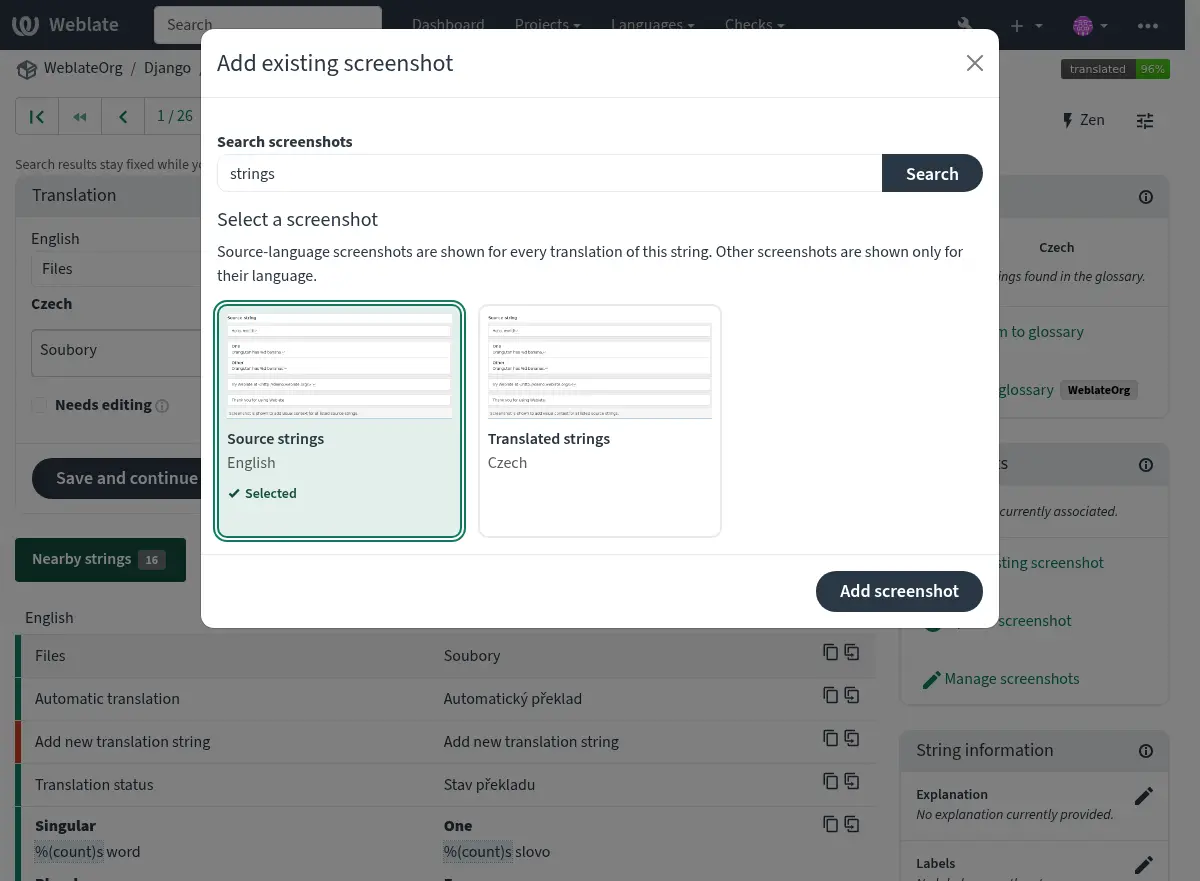 Screenshot picker with a highlighted card marked Selected.