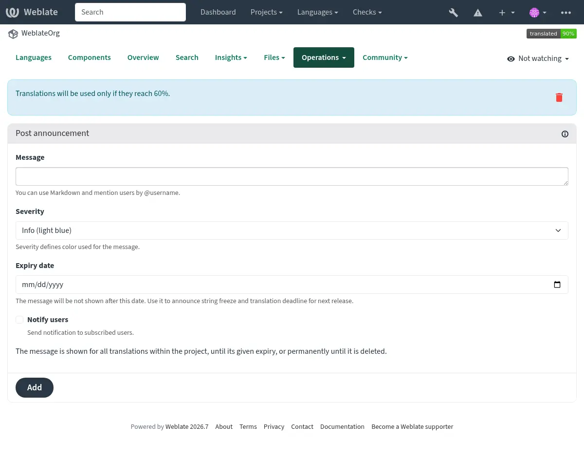 Image showing an announcement that reads: "Translations will be used only if they reach 60%" atop the dashboard view.