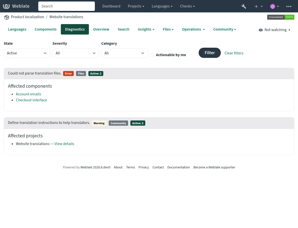 Project diagnostics overview with grouped findings and filters