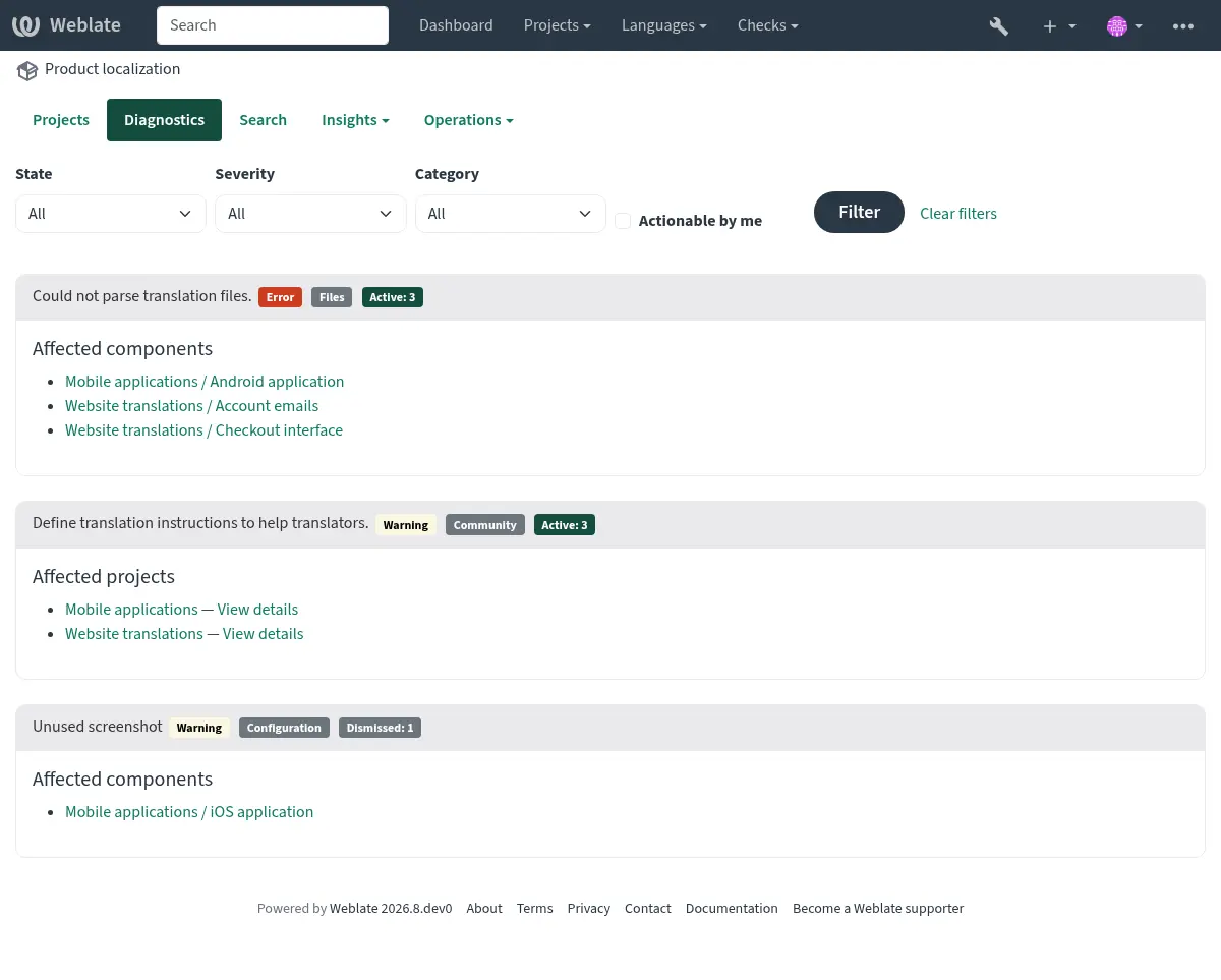 Workspace diagnostics overview with grouped findings and filters