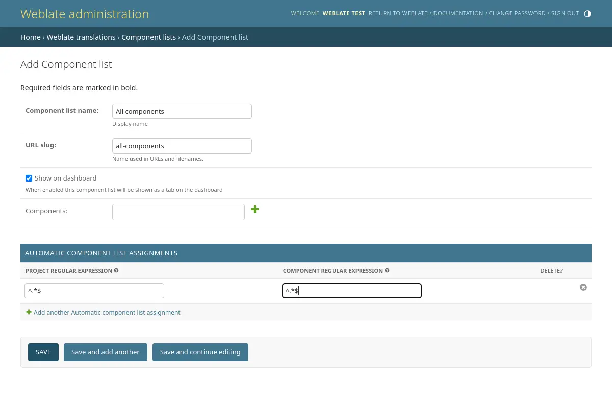 Image showing the Weblate administration panel with the above configuration filled in.