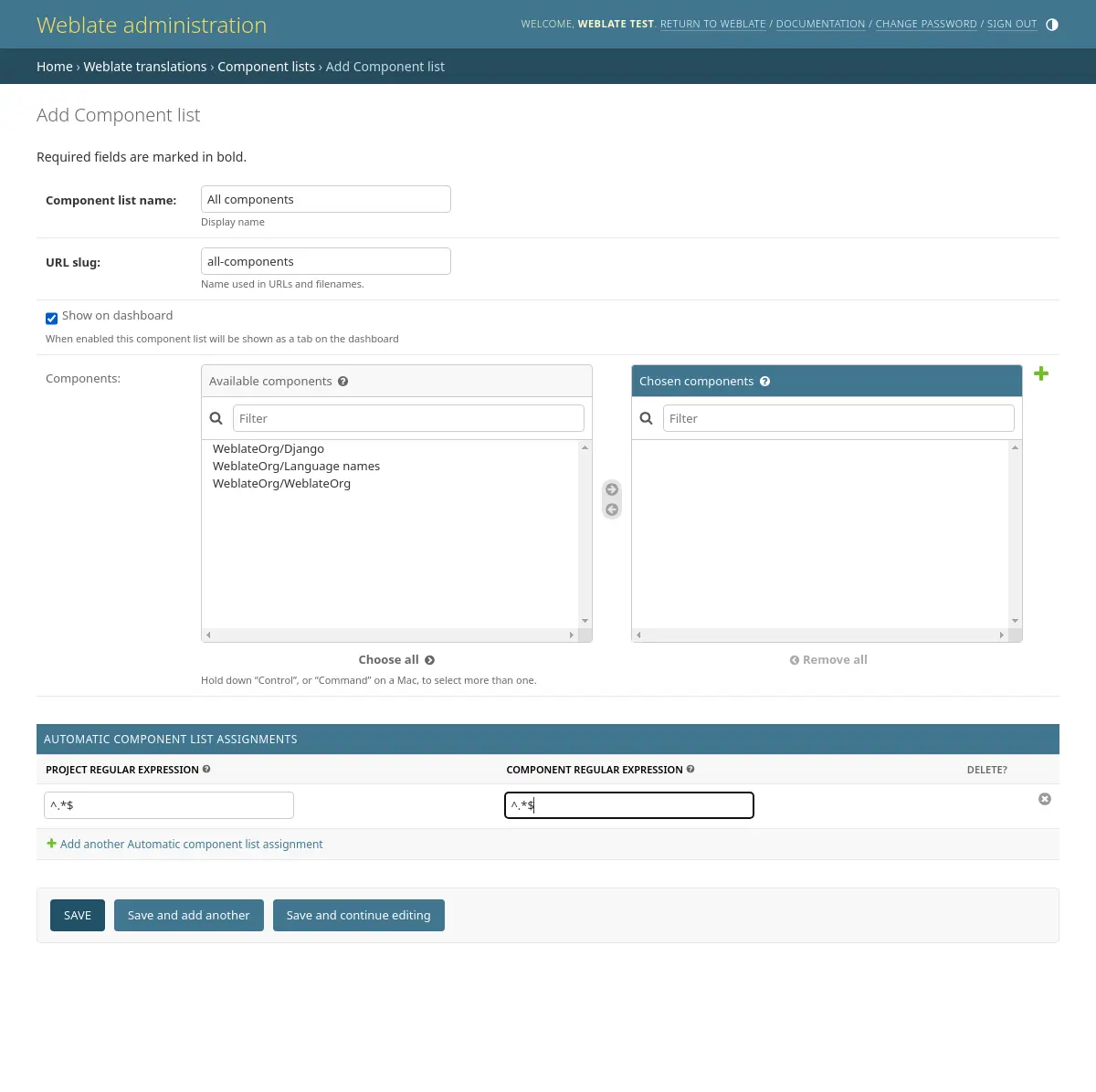 Imagem mostrando o painel de administração do Weblate com a configuração acima preenchida.