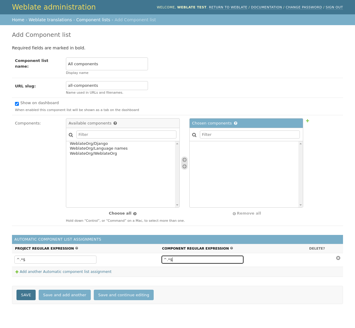 Изображение, показывающее панель администрирования Weblate с заполненной вышеуказанной конфигурацией.