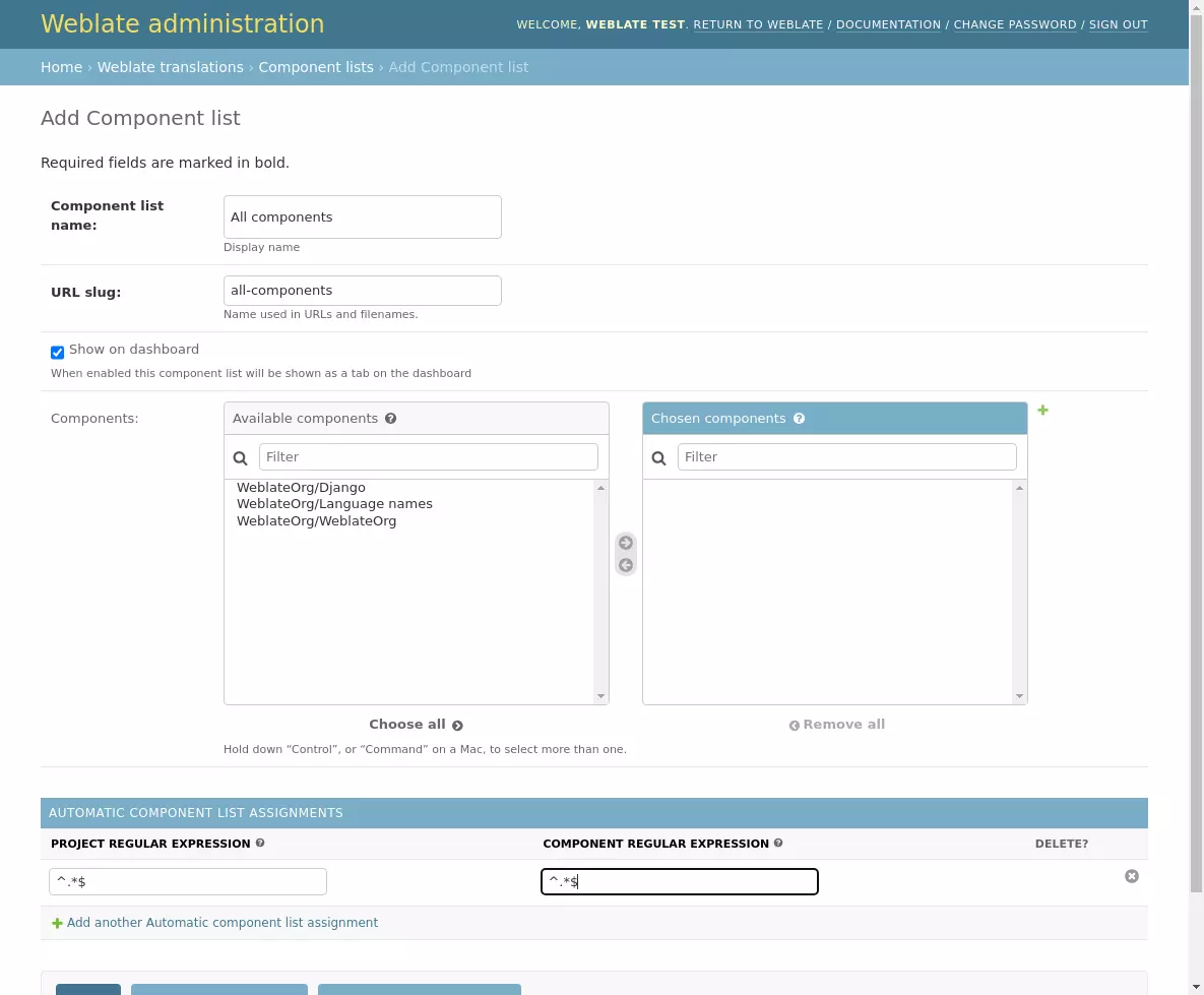 Изображение, показывающее панель администрирования Weblate с заполненной вышеуказанной конфигурацией.