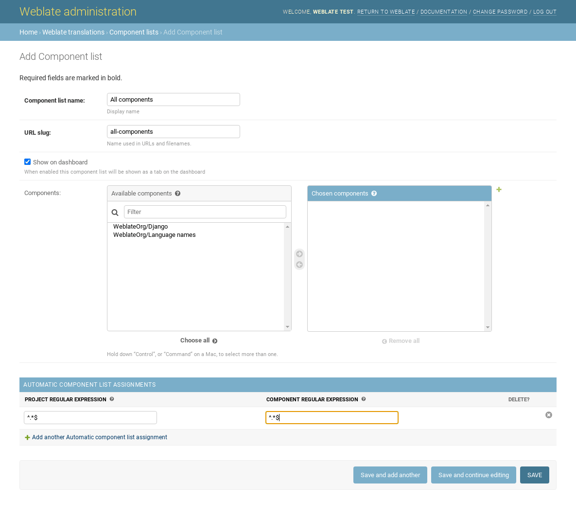 Image showing the Weblate aministration panel with the above configuration filled in.