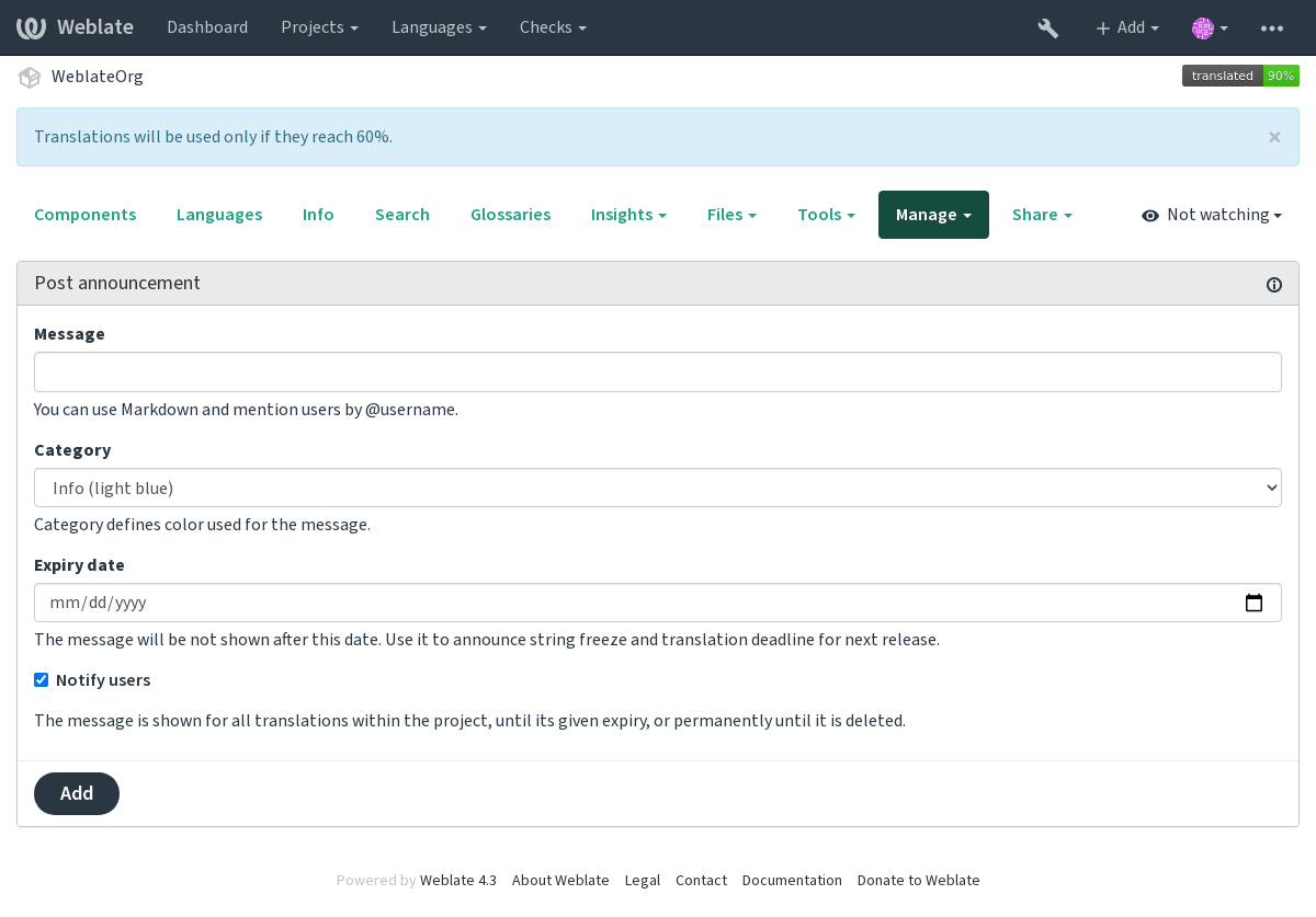 Image showing a message that reads: "Translations will be used only if they reach 60%" atop the dashboard view.