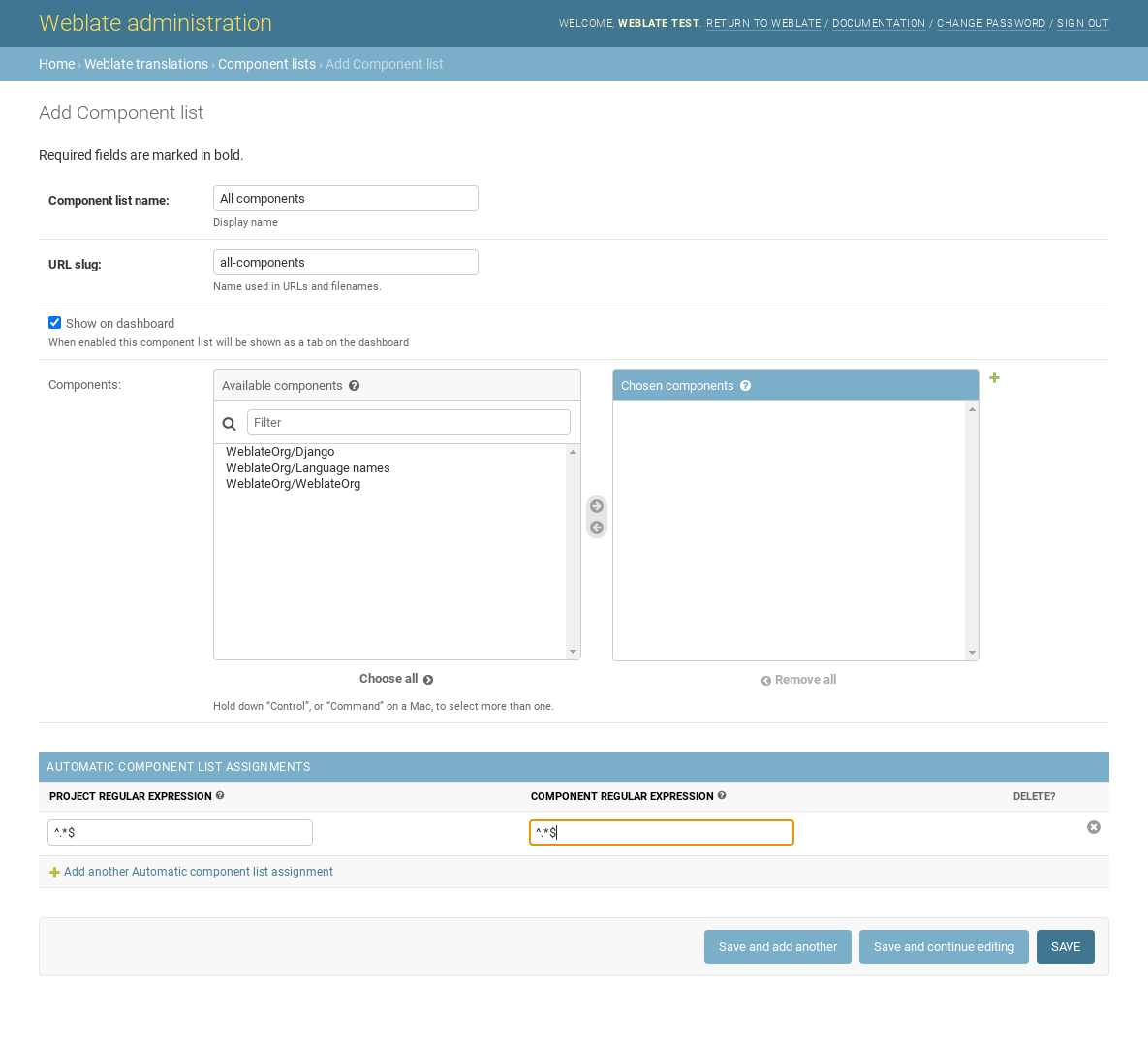Image showing the Weblate administration panel with the above configuration filled in.